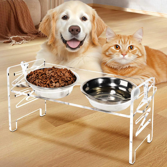 Acrylic Elevated Dog Bowls Stand 6 Height Options Adjustable Raised Cats Bowls Stand with 2 Thick 18 oz Stainless Steel Bowls Durable Dog Feeder Bowls for Small Dogs Cats Gift