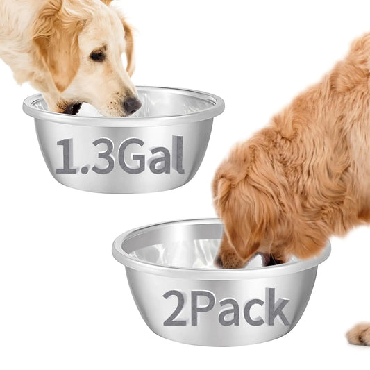 Baeluny 2Pcs 1.3 Gallons Large Dog Water Bowls Large Capacity Stainless Steel Round Dog Water Bowls Metal Dog Food and Water Bowls for Indoor and Outdoor Extra Large Dogs